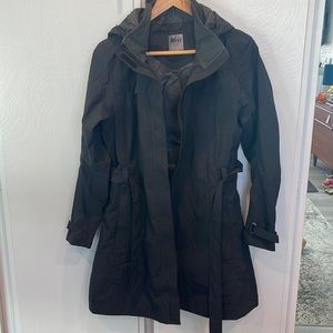 REI Black Trench Raincoat with Hood Size Large
